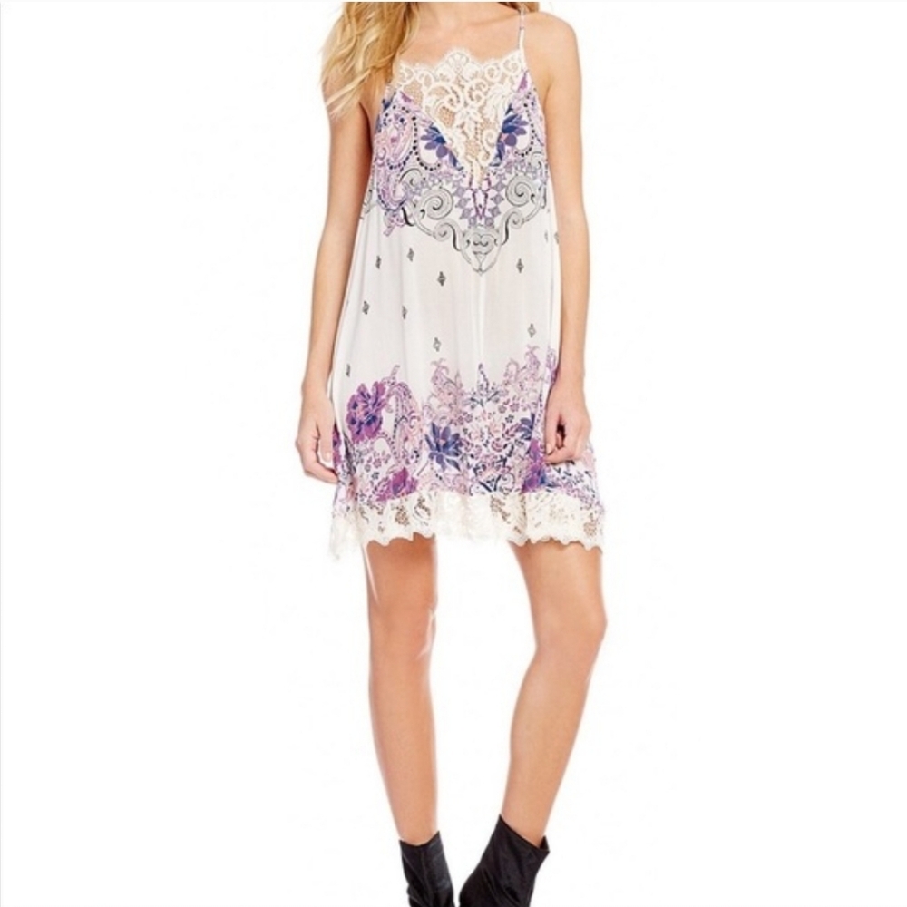 Free People Who's Sorry Now Printed Mini Slip Dress Sleeveless Lace Ivory XS NWT - Picture 16 of 16